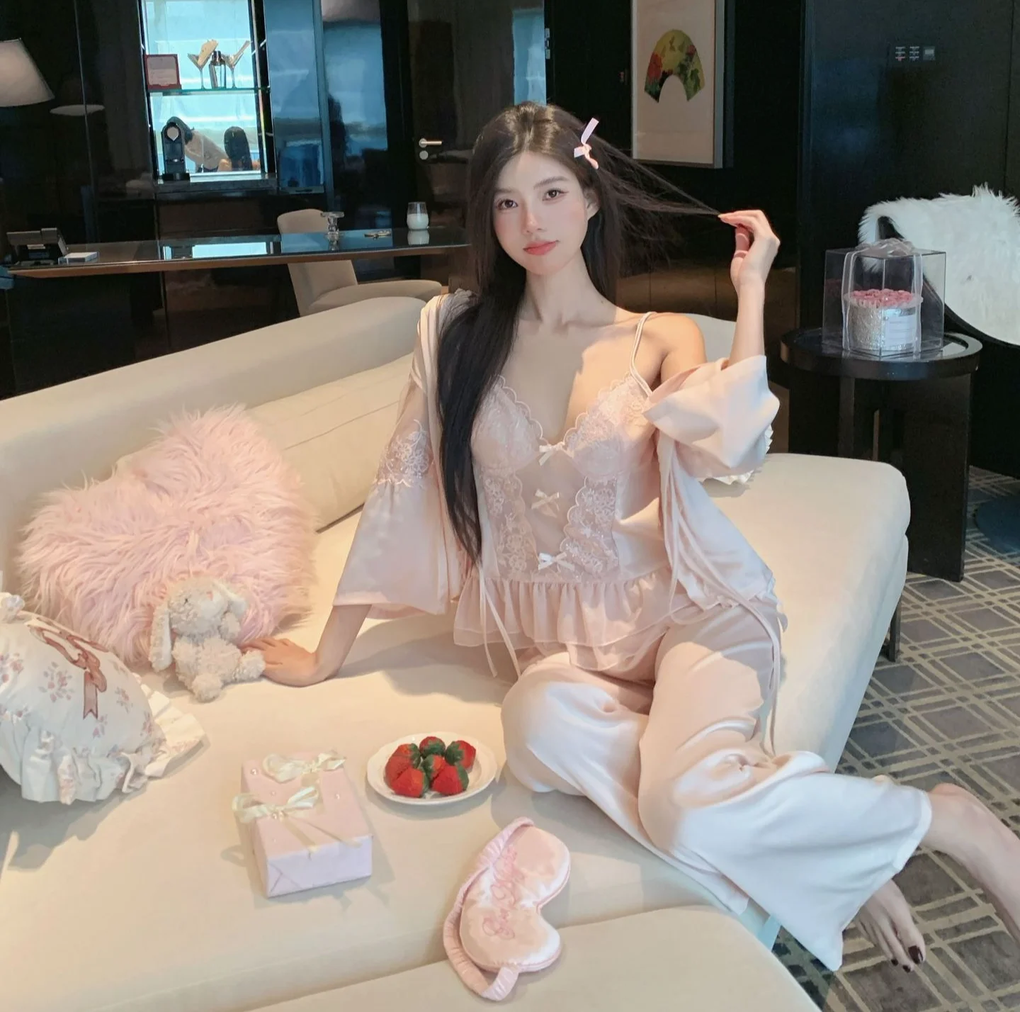 4pcs Summer Pure Desire Long Sleeve Home Clothes Set for Women's Simulated Silk Cool Sleepwear Strap Shorts Ice Silk Sleepwear