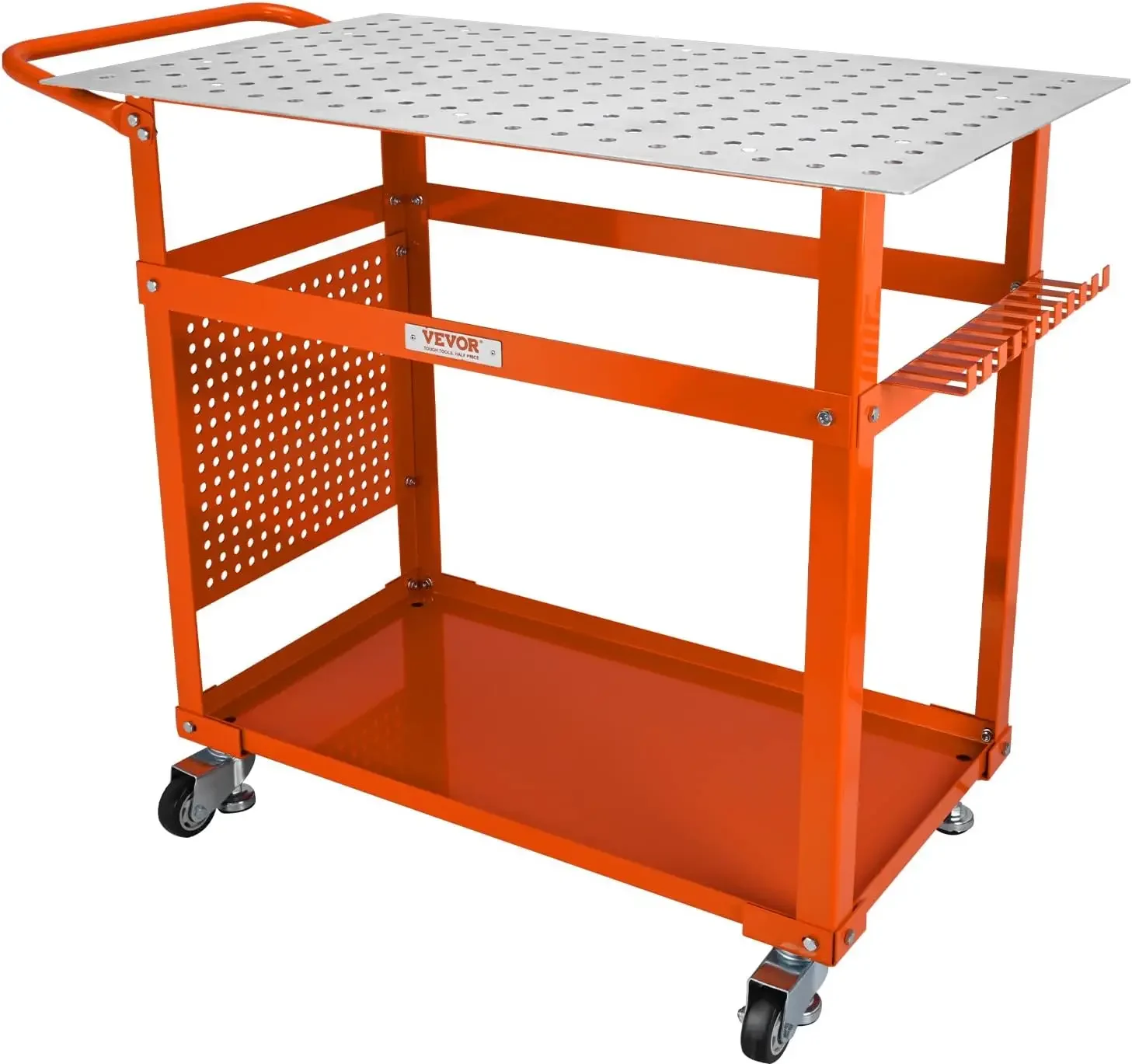 36"x24", 600lbs Load Capacity Steel Welding Workbench Table on Wheels,  w/Double-Layer Storage Board, 5/8-inch Fixture Holes,