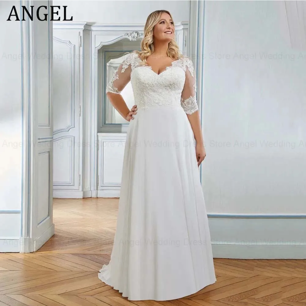 ANGEL Maßgeschneidertes Vintage Übergrößen-Hochzeitskleid 2026 V-Ausschnitt Spitze Boho Brautkleid mit Schleppe Vestido De Noiva Brautkleider