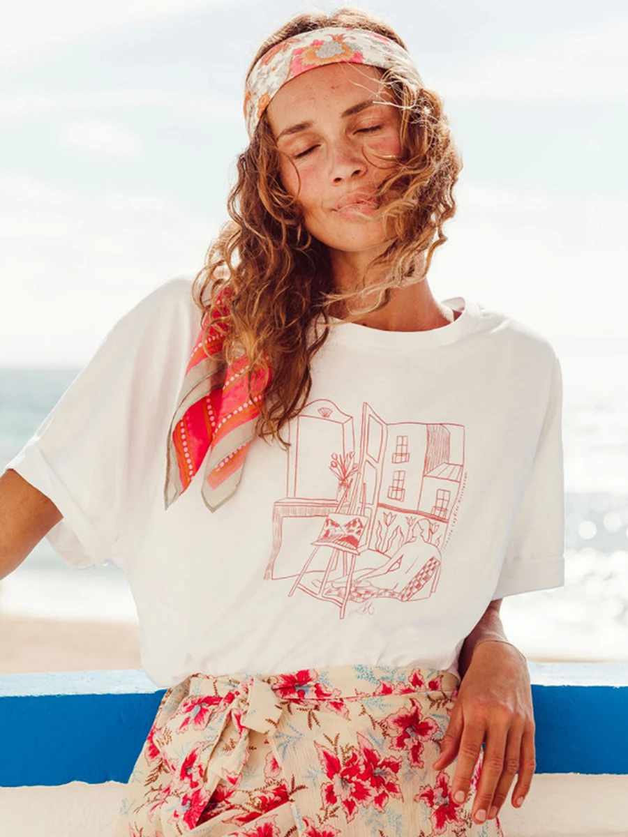 

Building Print Graphic T-shirt Female Round Neck Short Sleeve Fashion Casual Clothes Tops 2023 Summer Vintage Tee Shirts Chic