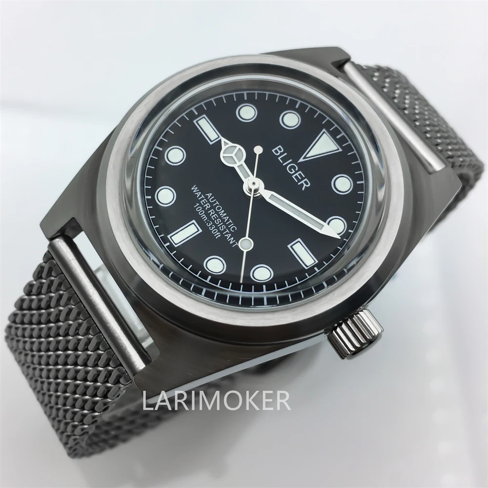 BLIGER NH35A PT5000 Men's Mechanical Vintage Watch 38mm brushed case Stainless steel mesh with arch glass antique black dial