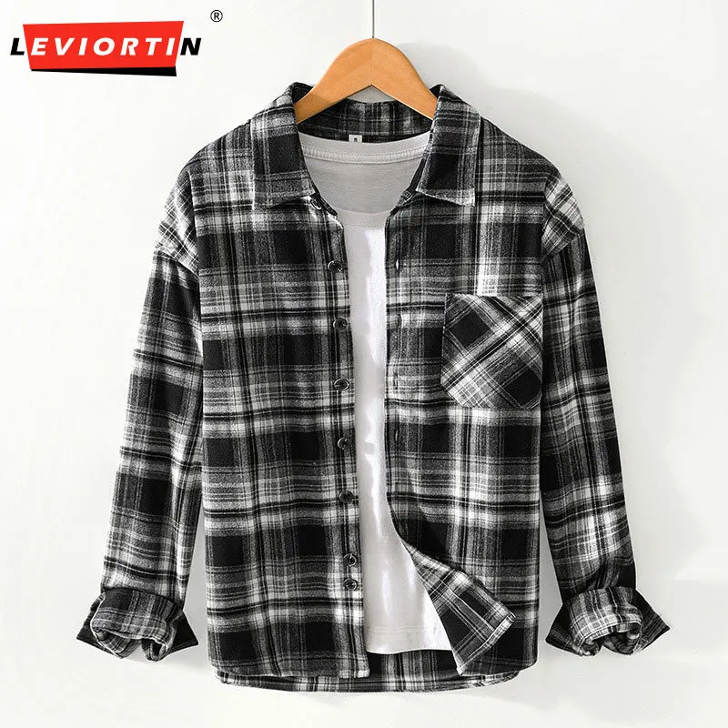 Spring and autumn Men's fashion urban retro trend long sleeved checkered shirt versatile artistic casual loose pocket design top