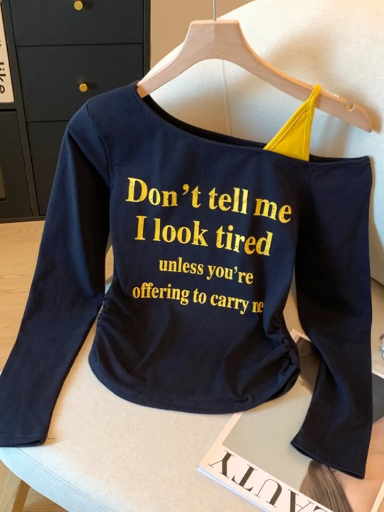 تي شيرت نسائي طويل مكون من قطعتين من oulder Bared تي شيرت نسائي جديد أوائل الخريف ذو ثنيات جديدة ذات ثنيات غير متماثلة... #2