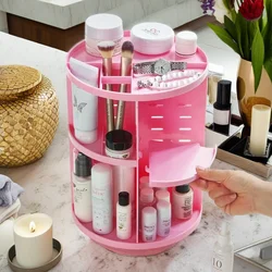 360-Degree Rotating Makeup Shelf Organizer - Fashionable Cosmetic Storage Box & Brush Holder