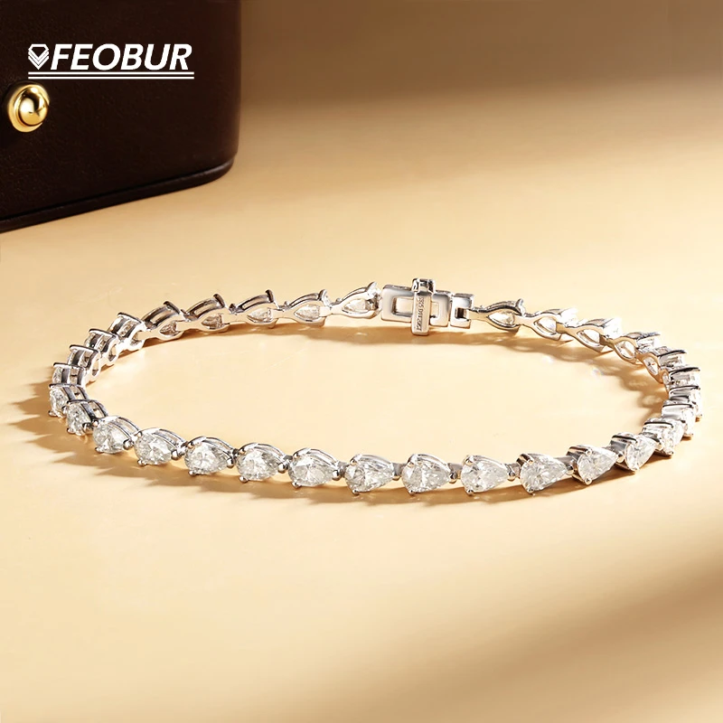 FEOBUR 3*5mm Pear Moissanite Tennis Bracelets GRA Original 925 Silver Plated 18k Fine Jewelry Bangles for Women Man Xmas Gifts