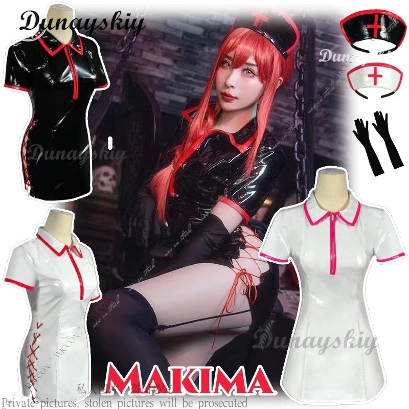 Makima Anime Cosplay Costume Wig Nurse Uniform Split On The Side Man Role Play Woman Adult Sexy Party Headwear Set