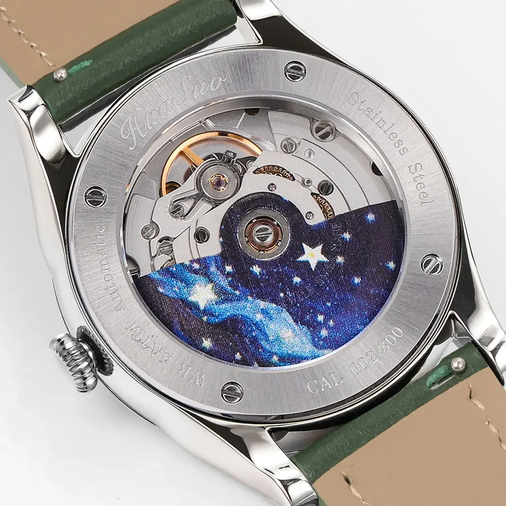 

Мужские механические часы HUASUO, 38 мм, необычный лак, перламутровый циферблат со звездным небом, сапфировое стекло, 5 бар, водонепроницаемые