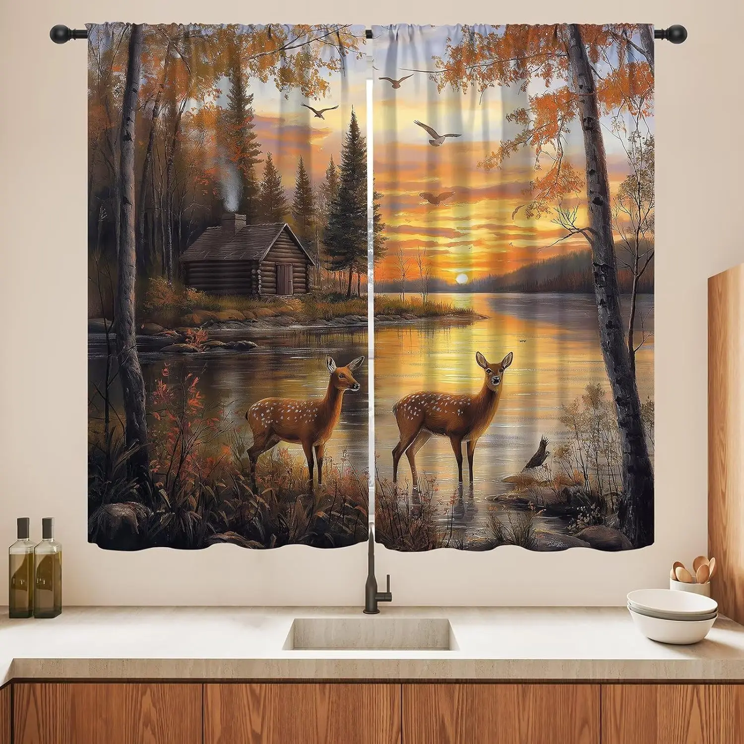 Wildlife Deer Blackout Curtains, Rustic Forest Sunset Lake Farmhouse Animal River Elk Pattern Drapes Home Window Treatments