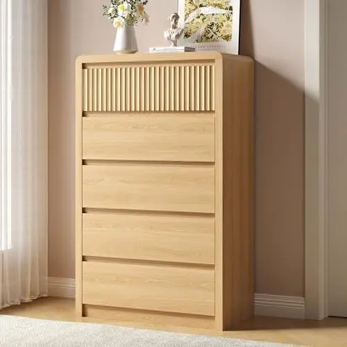 Fluted 5 Drawer Dresser for Bedroom, 48” Tall Modern Dresser & Chest of Drawers with Curved Profile Design, Wood Mid