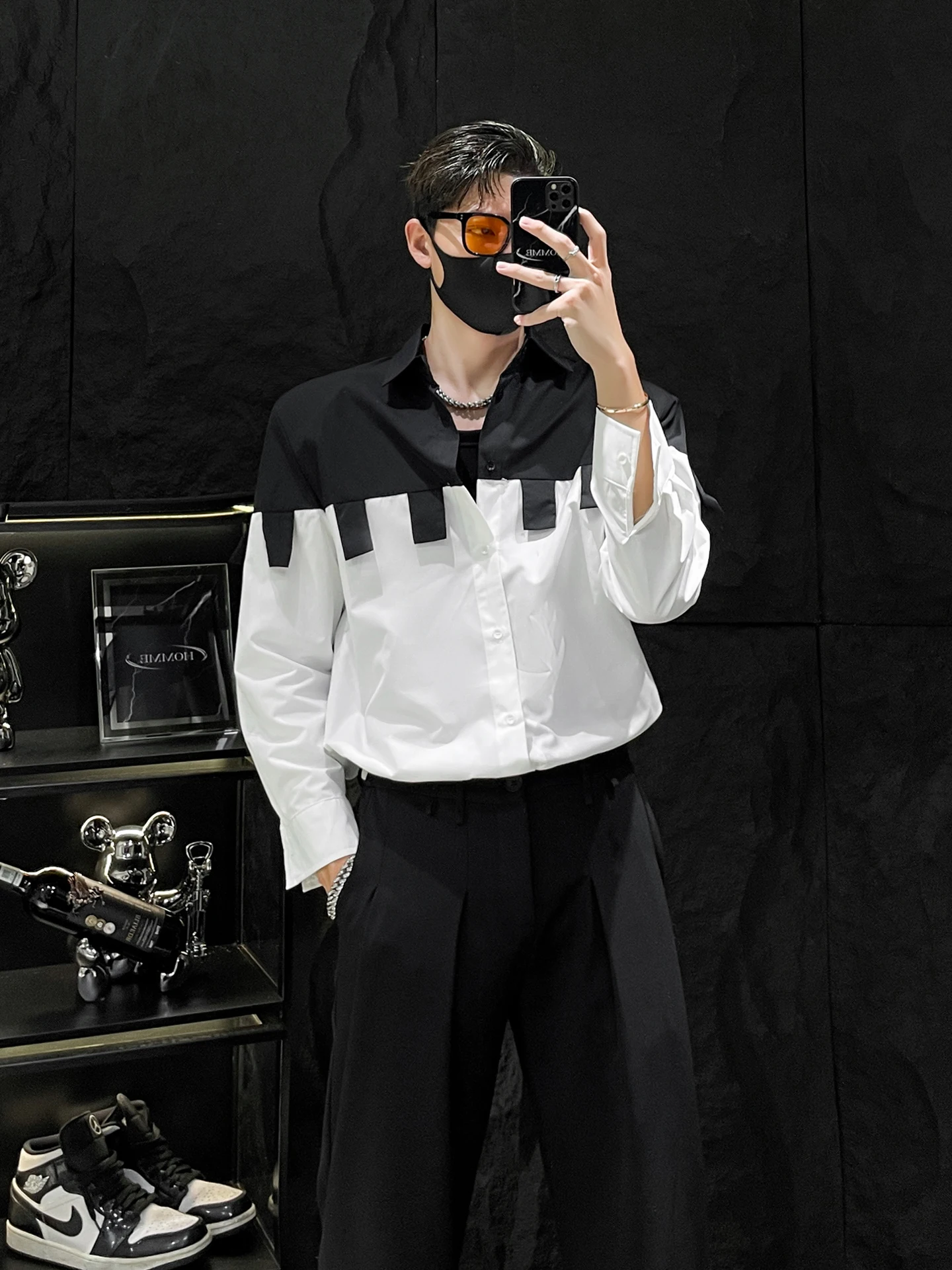 

HOMME Design Sensation Bla White Splicing Long Sve Loose Men's irt Premium Feeling Cool Haome Fake Two-Piece irt