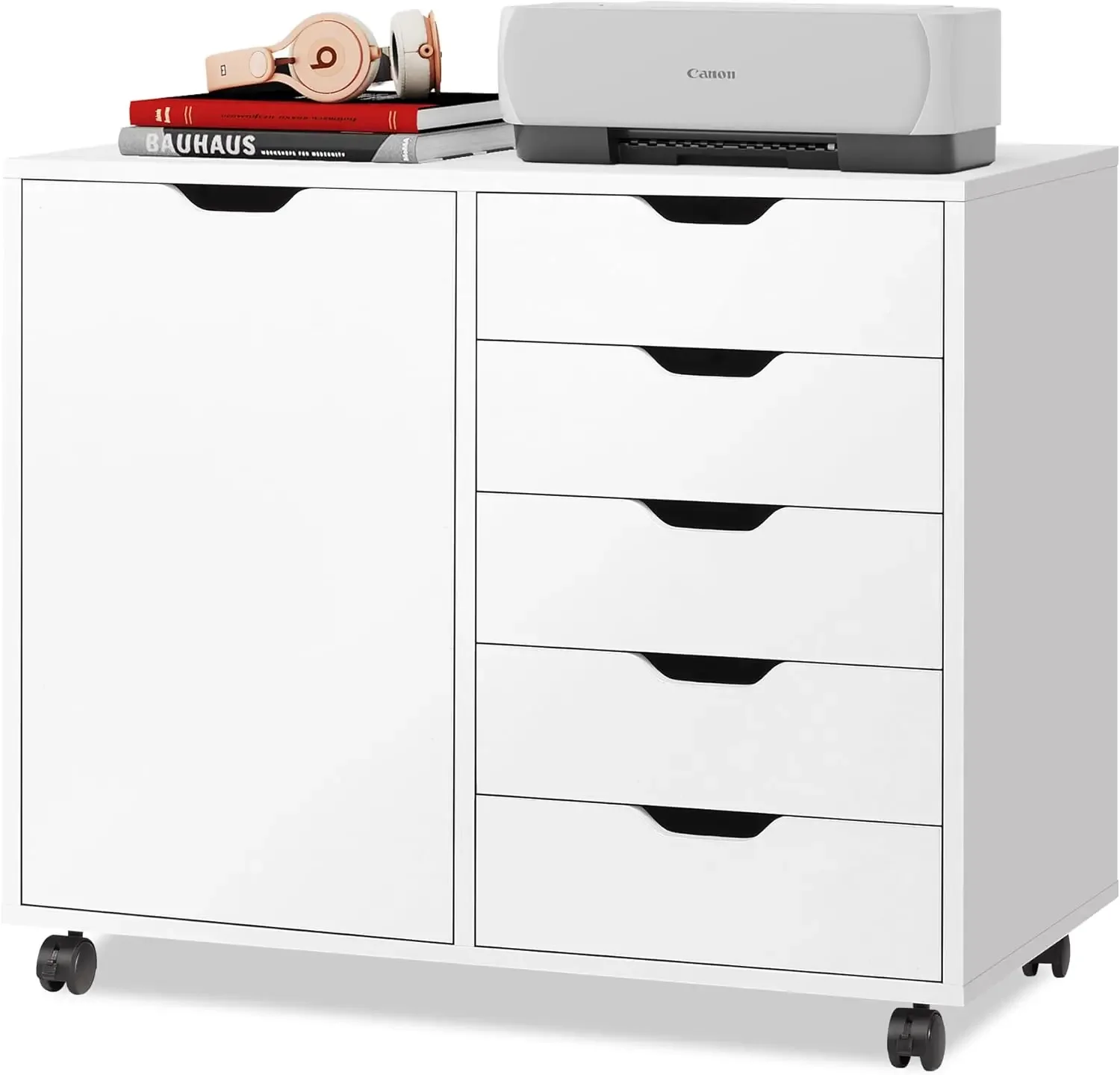 

5-Drawer Wood Dresser Chest with Door, Mobile Storage Cabinet, Printer Stand for Home Office