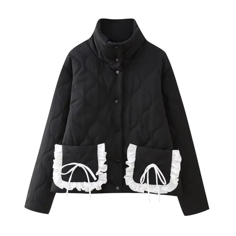 Women's Winter Jackets Coats Bow pocket decoration stand collar cotton Thick jacket Casual Female Simple Outerwear Fashion Tops