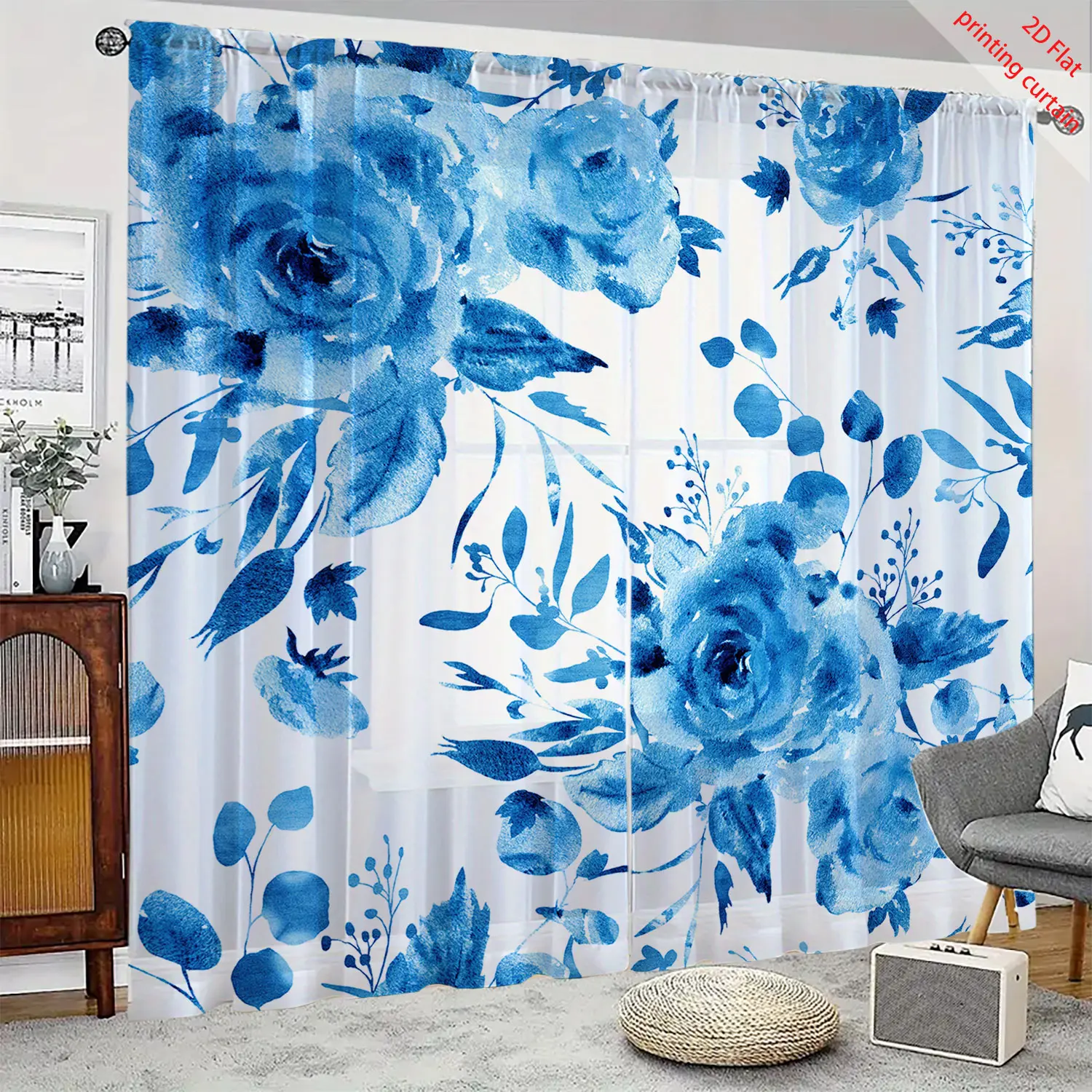 Blue flower printed transparent gauze curtain, used for office, bedroom, living room, balcony windows, home aesthetic decoration
