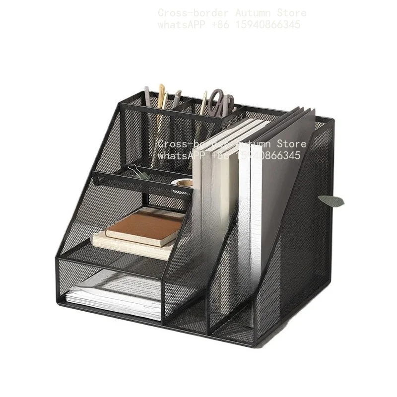 Desk Organizer with File Holder, Desk Organizers with 3 Tier Letter Trays and 2 Pen Holders, Mesh Desk Accessories & Workspace