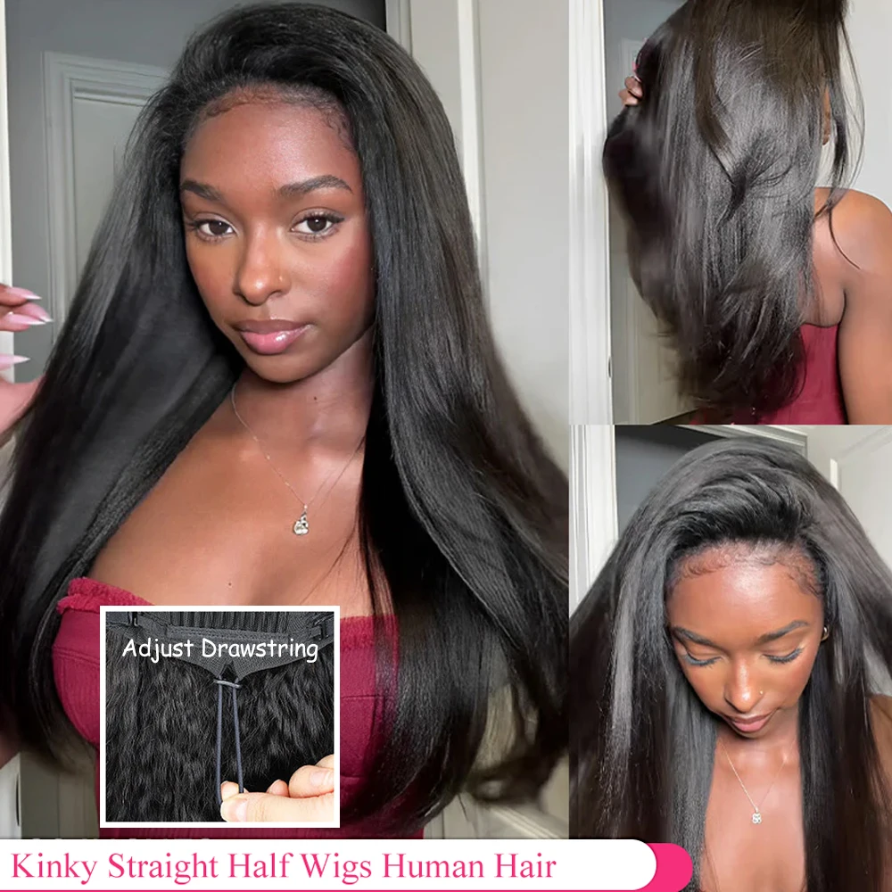 Kinky Straight 3 IN1 Half Wigs Human Hair Wear & Go Full Machine Made Half Wigs Drawstring Human Hair 38 Inches Seamless Clip Ins Flip Over Half Wigs Human Hair