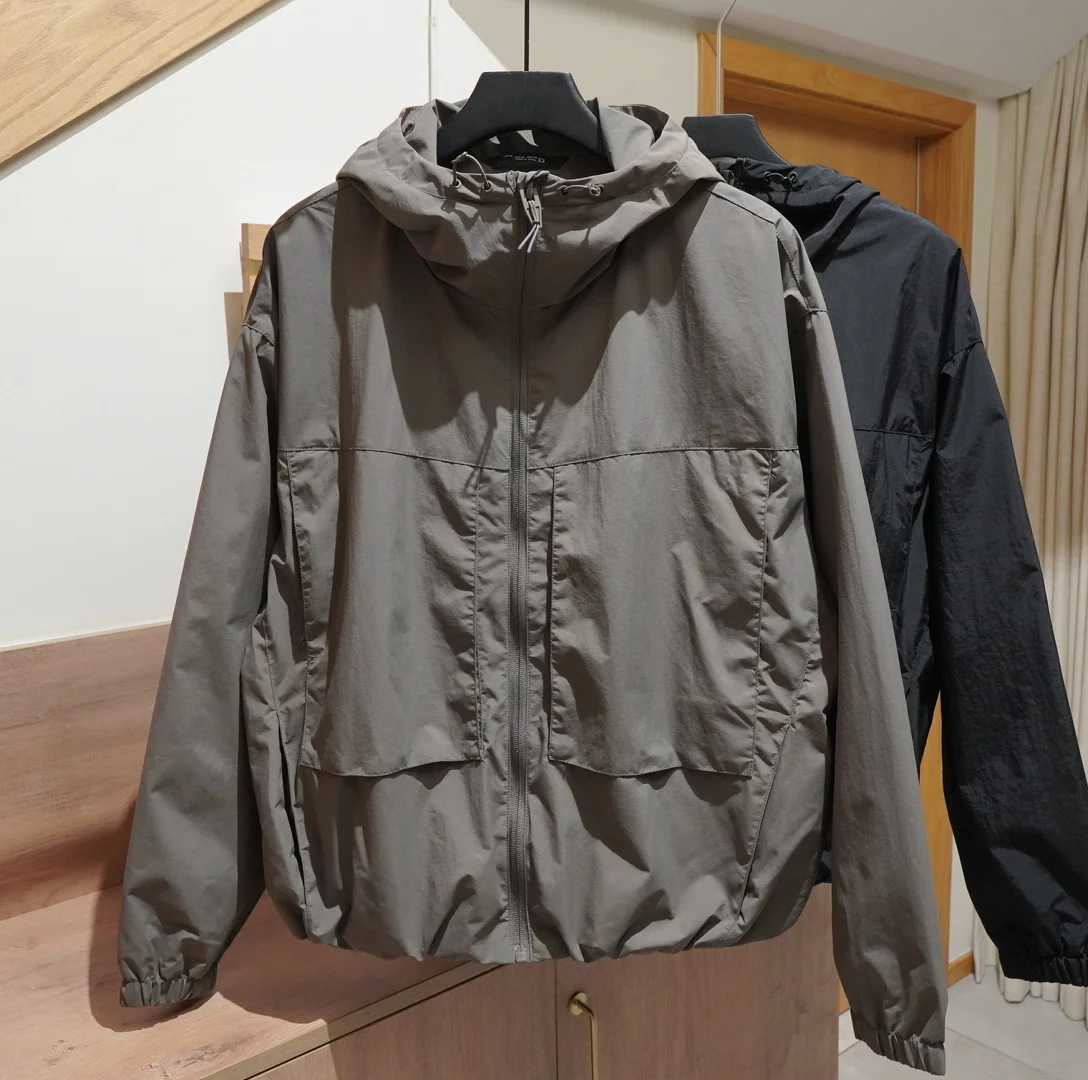 

European and American Fashion Men's Hooded Tech Fabric Windproof and Water-Repellent Fleece-Lined Casual Jacket Thick Coat