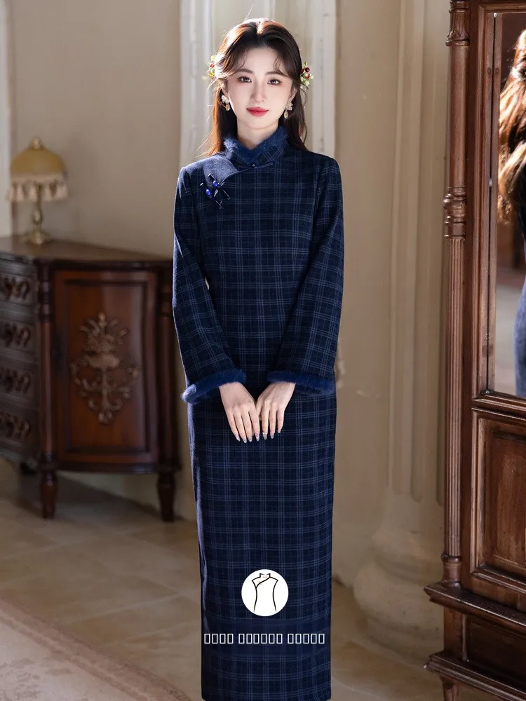 

Теплый длинный зимний плащ Young Sle Thiened Floing Tartan в винтажном стиле, в полный рост