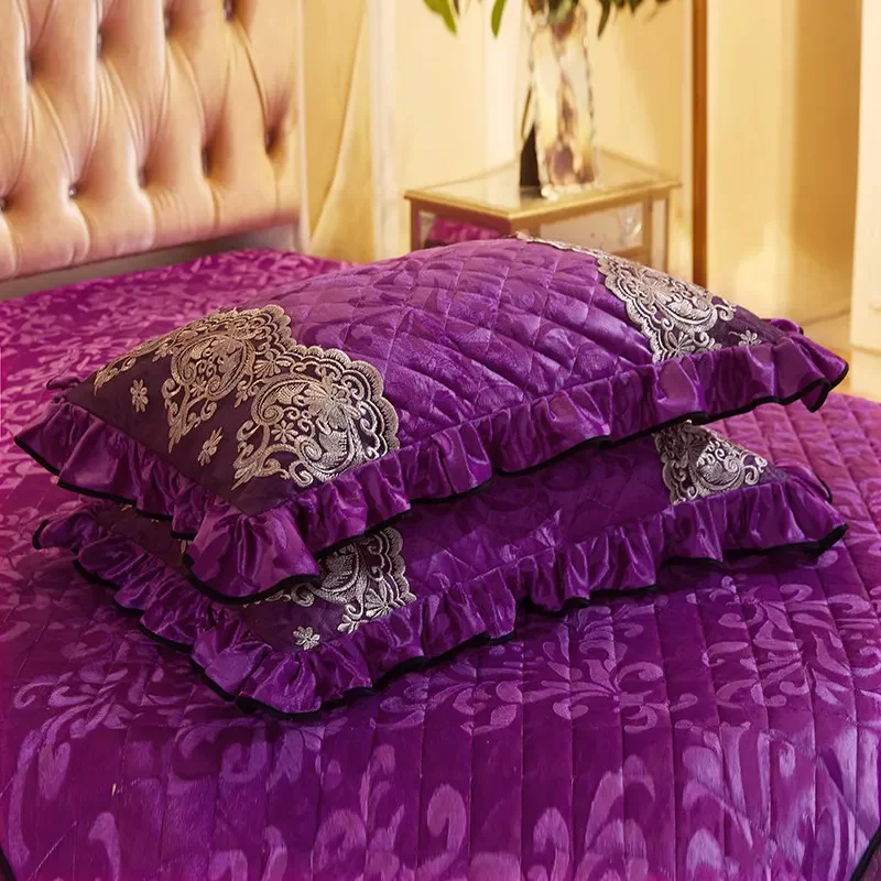 1 Pair Velvet Quilted Lace Pillow Cases for Bed Solid Embossed Warm Rectangle Home Decorative Pillow Sham Cover Soft 48x74cm