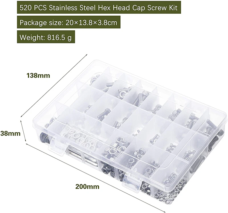 520pcs 304 Stainless Steel Screws M3 M4 M5 M6 Round Screws Hex Socket Button Head Allen Bolt Mechanical Screw Assortment Kit