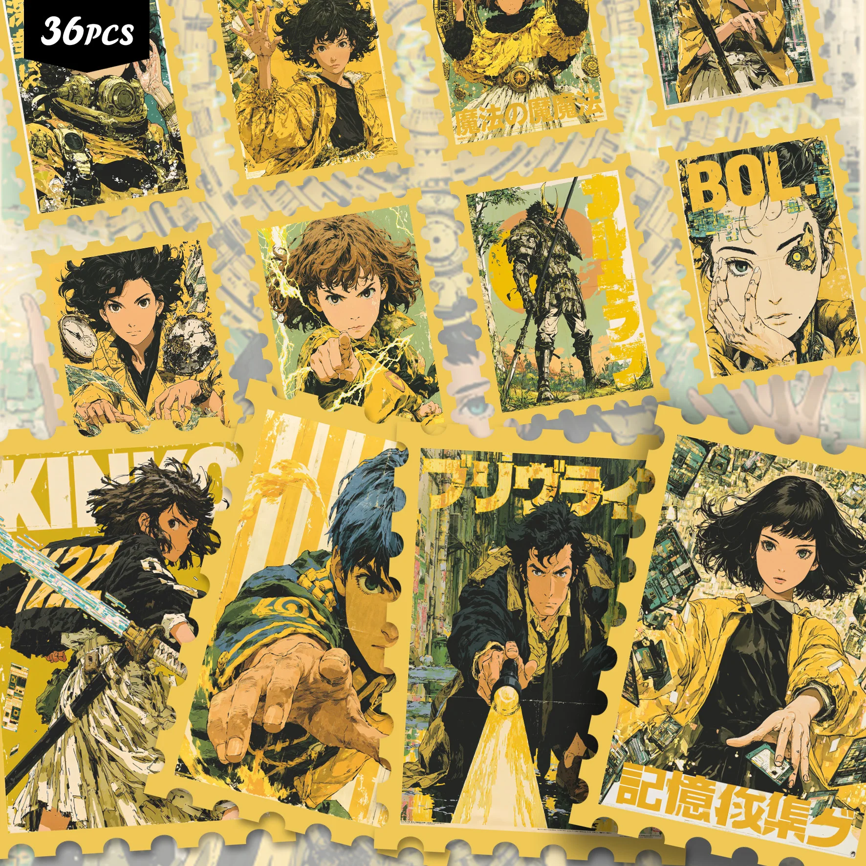 36PCS Retro Japanese Anime Print Art Stickers, Vintage Manga Character Decals with Textured Yellow Borders, Nostalgic Comic Styl