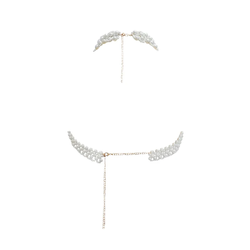 Fashionable handmade pearl top openwork tassel round neck sleeveless backless tight beaded body chain for island pool party