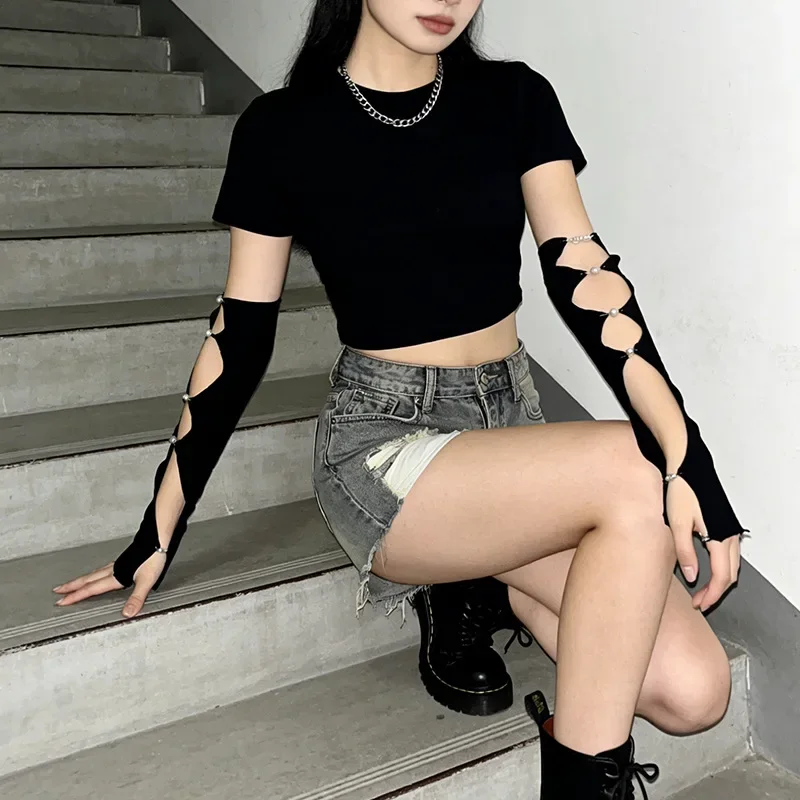 Y2K Gloves Arm Warmers Fishnet Hollow Out Beaded Fingerless Summer Sun Protection Women
