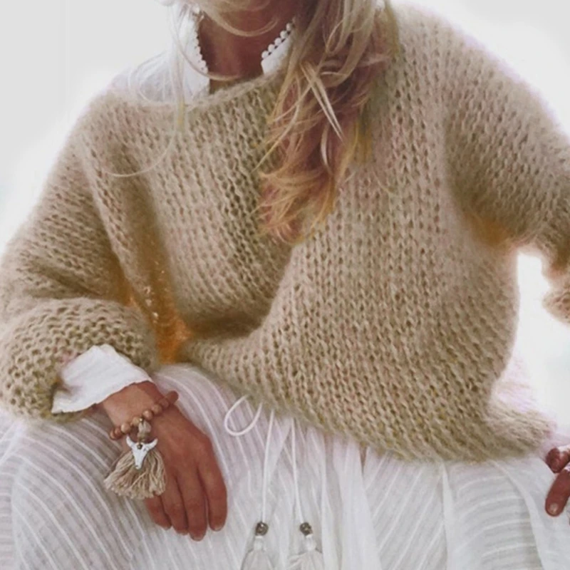 Women Lantern Long Sleeve O-Neck Sweater Fluffy Fuzzy Mohair Pullover Top Chunky Knit Solid Color Oversized Loose Jumper