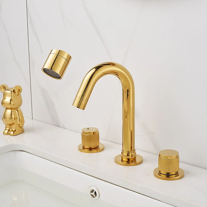 

Смеситель для раковины, смеситель для ванной комнаты, монтируемый на палубе, смеситель для горячей и холодной воды, золотой смеситель для раковины с двойным переключателем