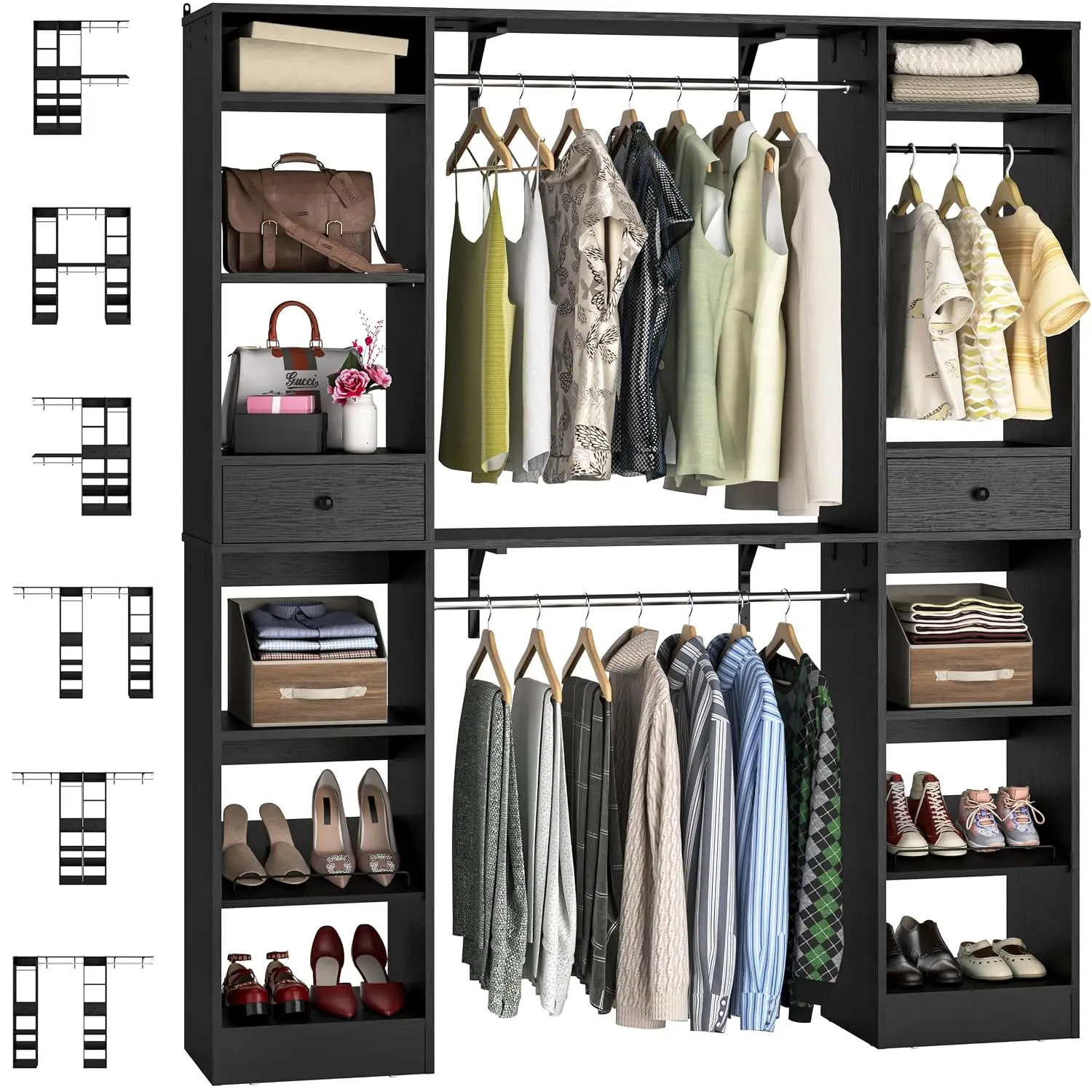 Large Closet Organizer with 3 Hanging Rods, Shelves & 2 Drawers, Heavy Duty Wardrobe with Shoe Rack, Reversible Rack, Customized