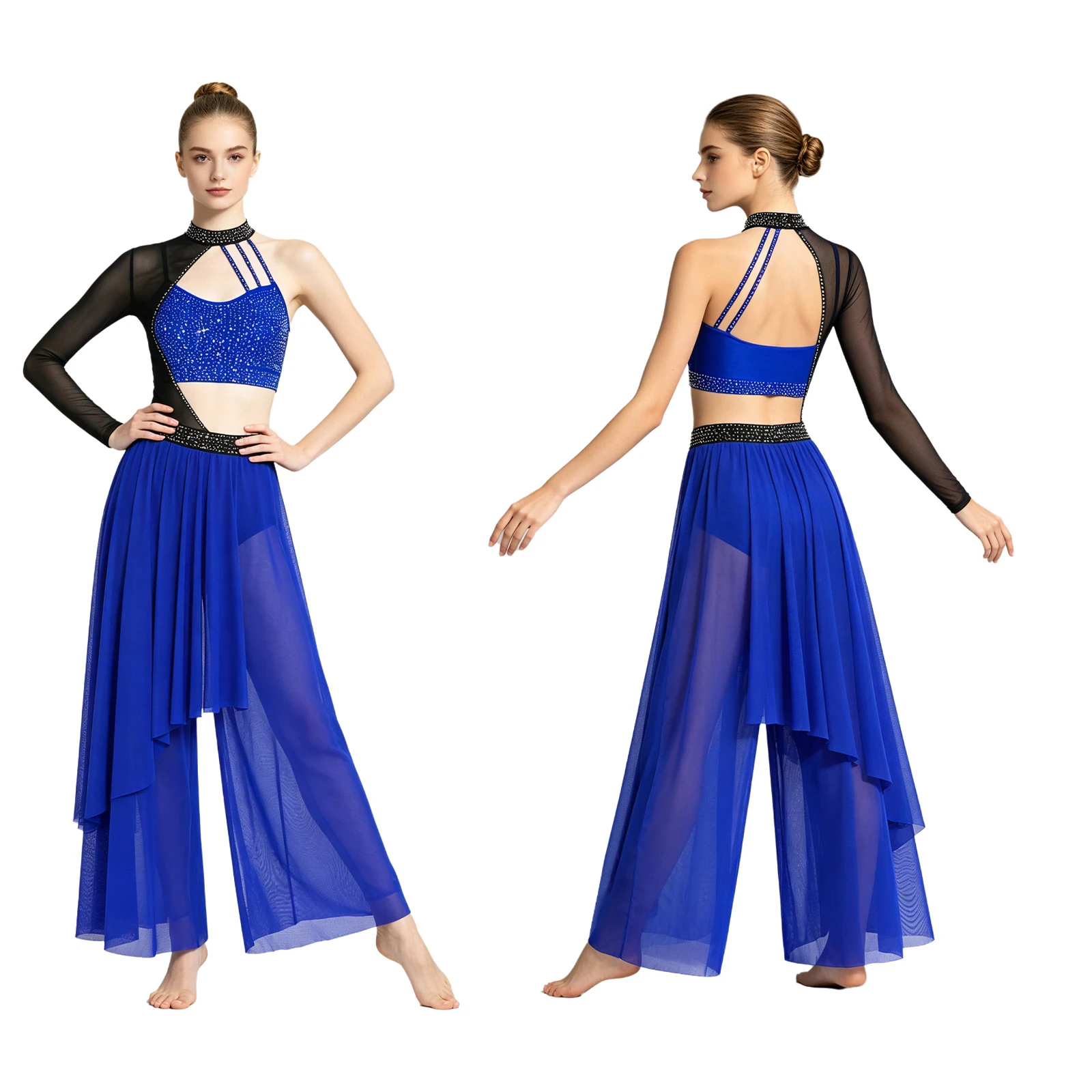 Women Modern Lyrical Dance Wide Leg Jumpsuit Rhinestones Cutout Bodice Mesh Skating Ballet Acrobatics Bodysuit Built-in Briefs