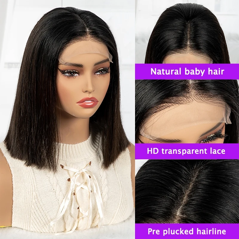 1TB/Mocha Browm Straight 5x5 Bob Lace Front Human Hair Wig 250% Density Pre Plucked Brazilian Hair Short Bob Wig 100% Human Hair