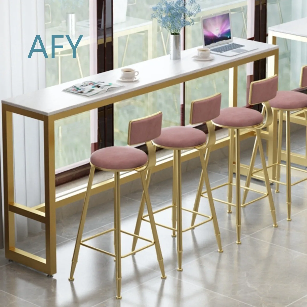Bar Table and Chair Set for Commercial Bar Cafe Milk Tea Shop Window Display Wall Mounted High Counter Household Slate Long