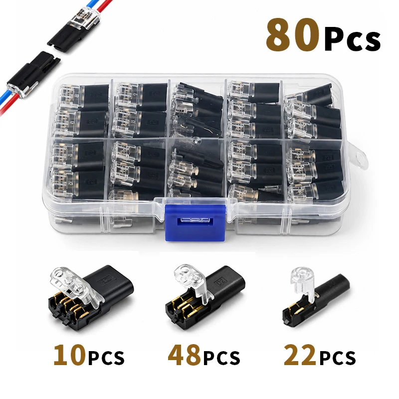 80/150PCS Electrical Cable Connectors 1/2/3 Pin No Strip Solderless Locking Wire Splice Kit 22-18AWG 300V 10A Automotive Wiring