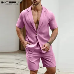 INCERUN 2024 American Style New Men's Stylish Sets Solid Short Sleeved Blazer Shorts Leisure Streetwear Male Suit 2 Pieces S-5XL