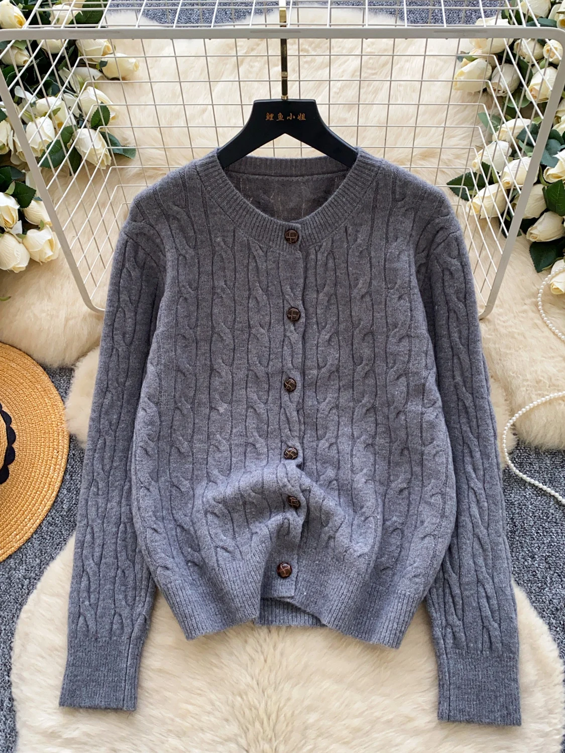 

Dongda Gate Women's Knitted Sweater round Ne Single Button Open Cardigan Casual Loose Sle Winter Faion Outerwear