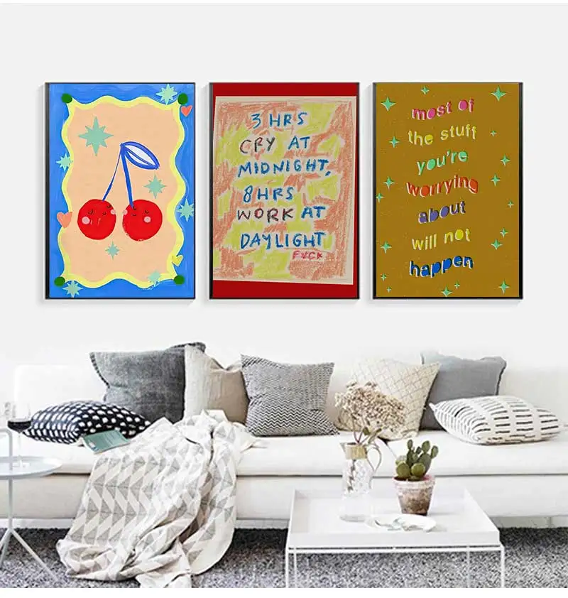 Fun Gallery Wall Art Bundle Retro Wall Art Fun Cherry Heart Snake Quote Pink Preppy Posters for Living Room Bedroom Decoration
