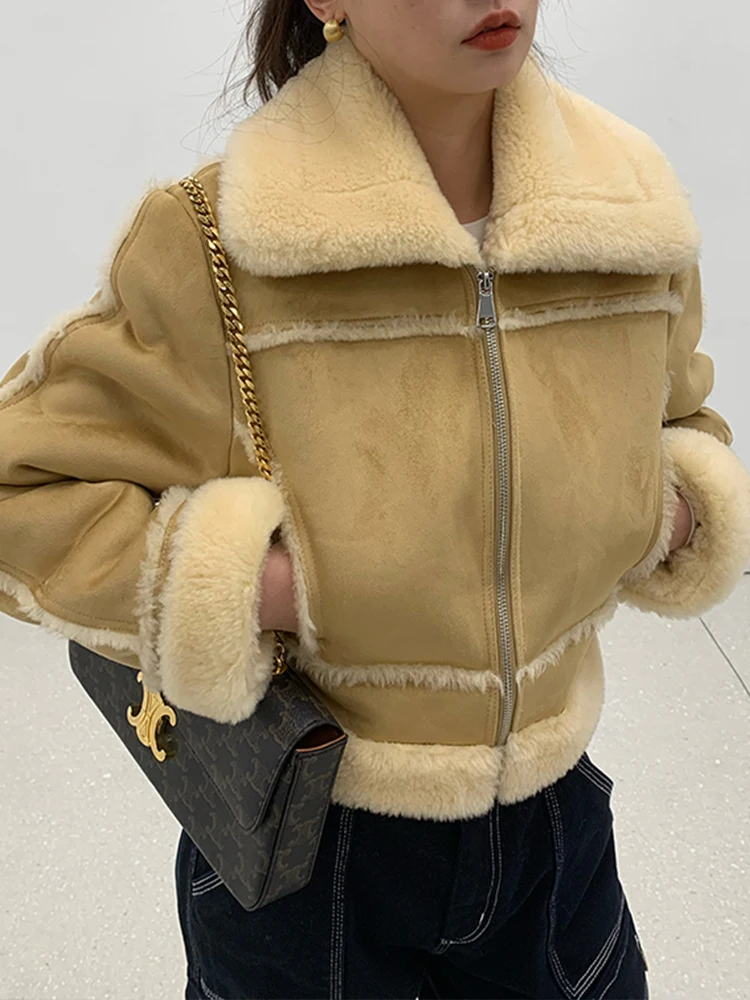 Lamb Fur Woman Coat Winter Warm Fur Brown Big Lapel Zipper Pockets Biker Short Jacket Female Fashion Outwear