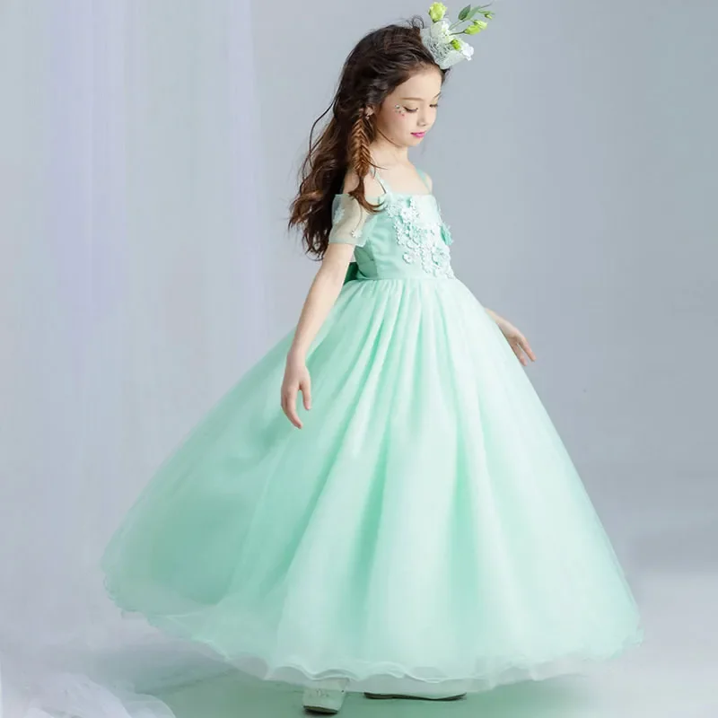 Mintgroene Elegante Tule Kant Appliques Kraal Bloem Meisje Jurk Bruiloft Kids Eerste Communie Feest Prom Vestidos Para Niñas 2023