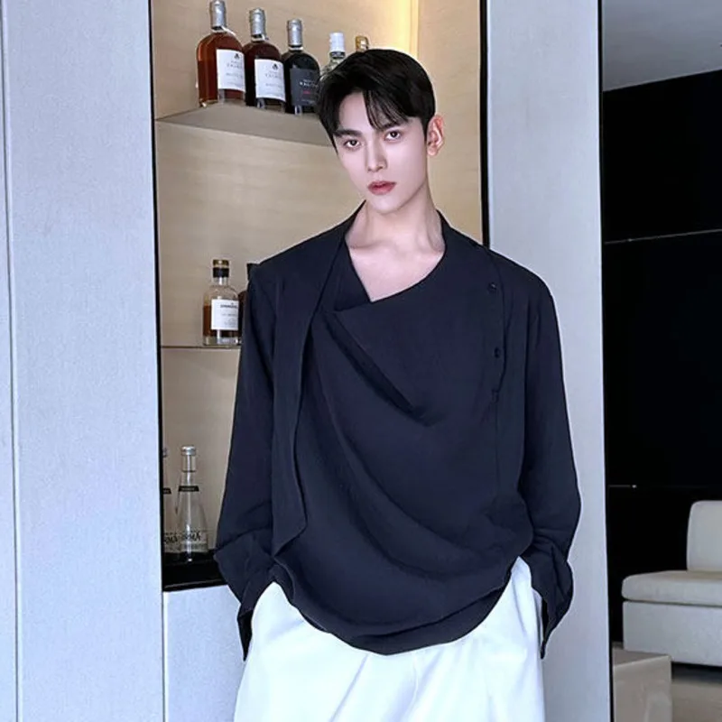 WVGA 2026 Spring New Men's Tide Pullover Trendy Linen Long Sleeve Shirt Niche Chic Casual Ribbons Vintage Tops Streetwear W19978