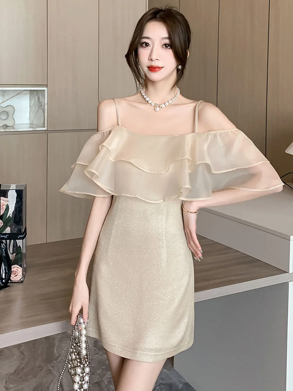 Eelgant Champagne Dress Women's Summer Off Shoulder Puff Organza Ruffles Collar Sweet Shinning Birthday Party Female Dress