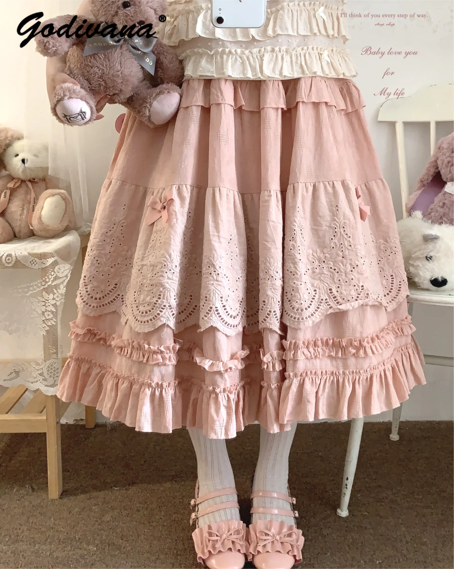 

New Spring Summer Sweet Girls Embroidered Lace Vintage Bow Fungus Lotus Leaf Skirt Lolita Female Long A Line Skirts