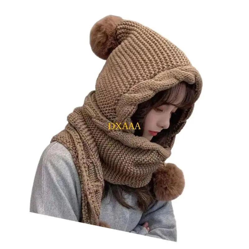 DXAA Chapéu inverno sem com cachecol protetores orelha Chapéu pulôver malha grossa com pompons Chapéu à prova e