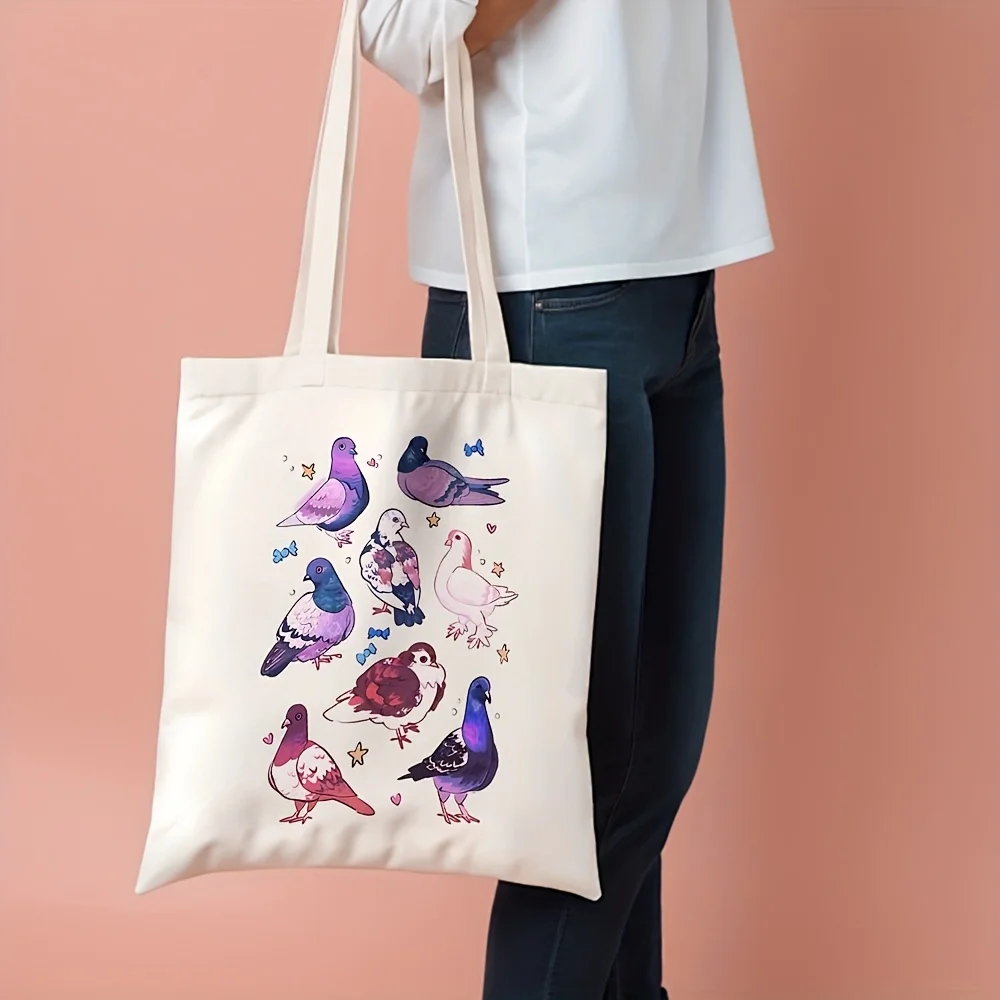 1pc Whimsical Pigeon And Hearts Illustration Canvas Tote Bag - Reusable Grocery Bag, Durable Canvas for Daily Commute, Beach Tra