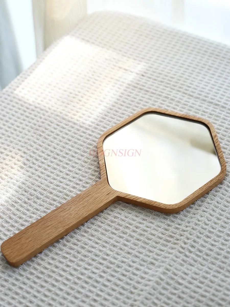 Solid wood beauty salon high-definition makeup mirror embroidery shop portable handheld handle mirror