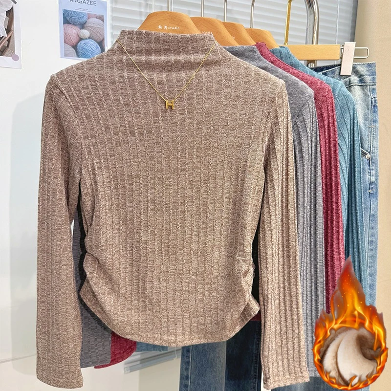 

Women's Turtleneck Fleece Lined Knit Long Sleeved T-Shirt Korean Simple Base Layer Tops Autumn Winter Solid Color Versatile Tees