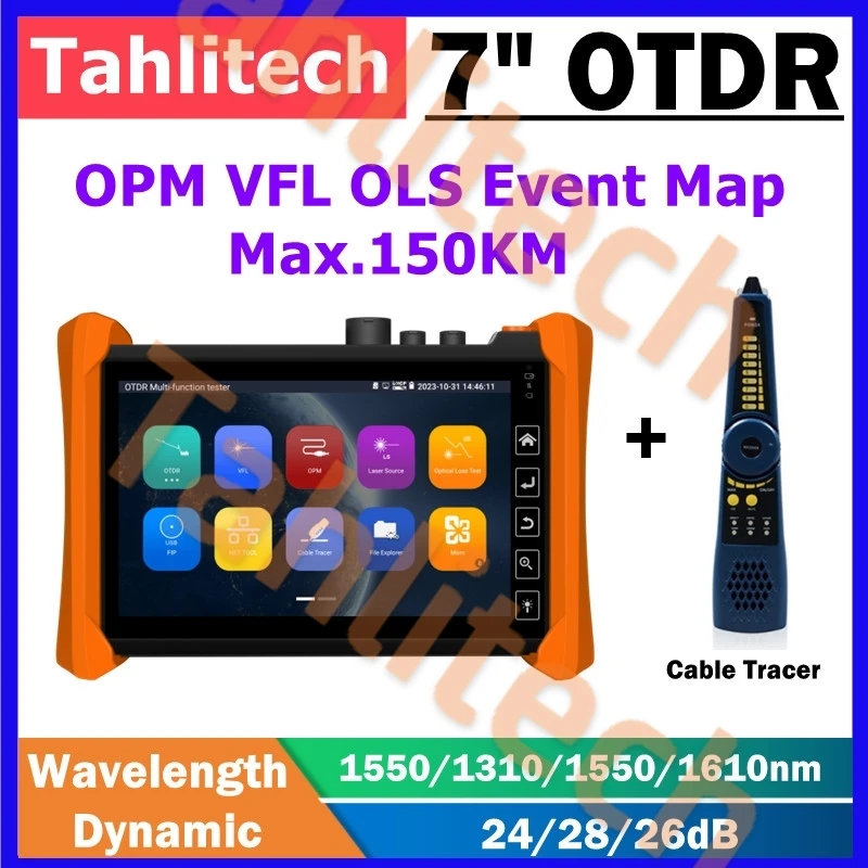 Tahlitech OTDR 1310/1550/1610nm 28/26/24dB Fiber Optic Reflectometer Touch Screen VFL OLS OPM Event Map Ethernet Cable Tester