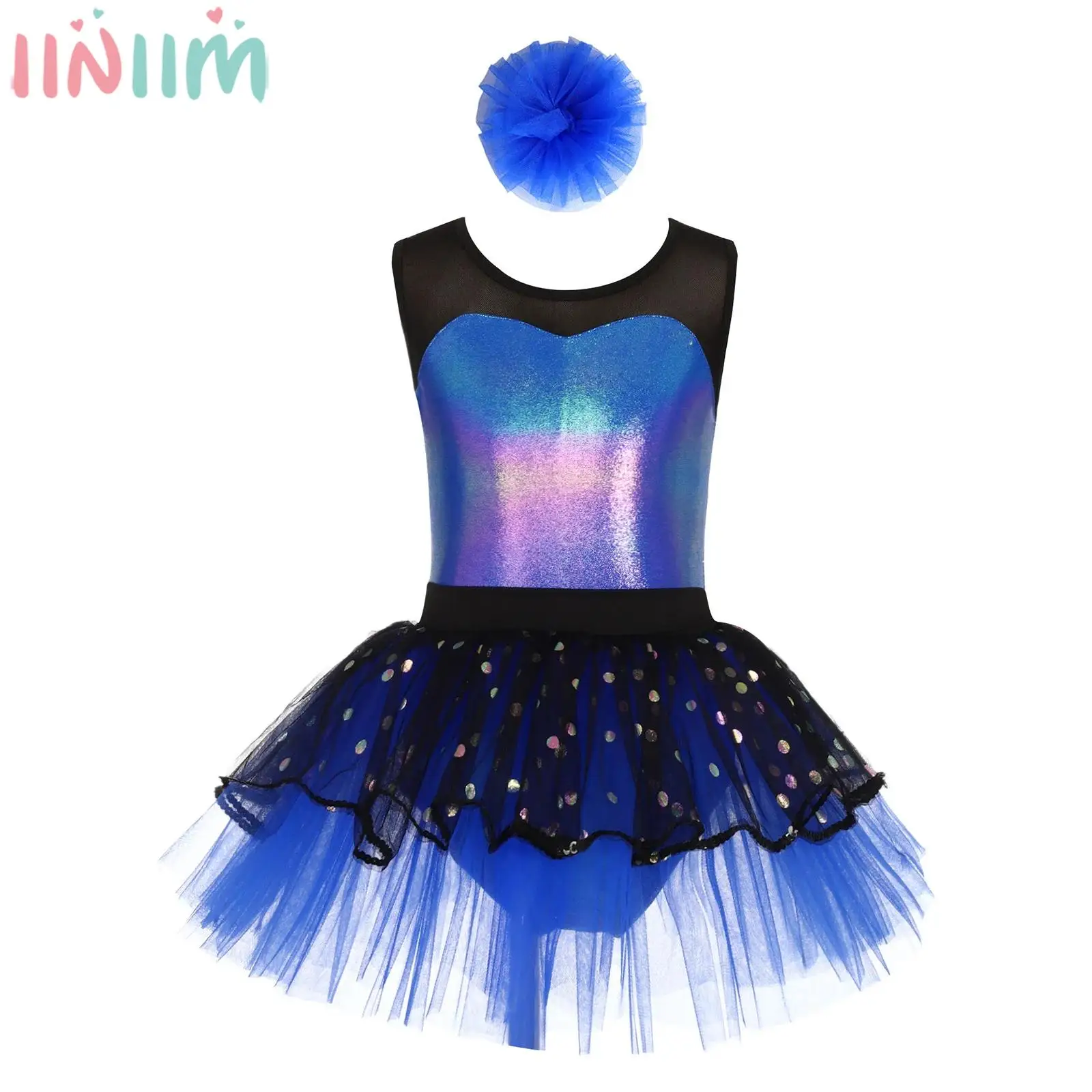 

children Girls Sleeveless Metallic Shiny Sequin Mesh Ballet Dance Tutu Dress with Headwear Figure Skating Gymnastics Leotard