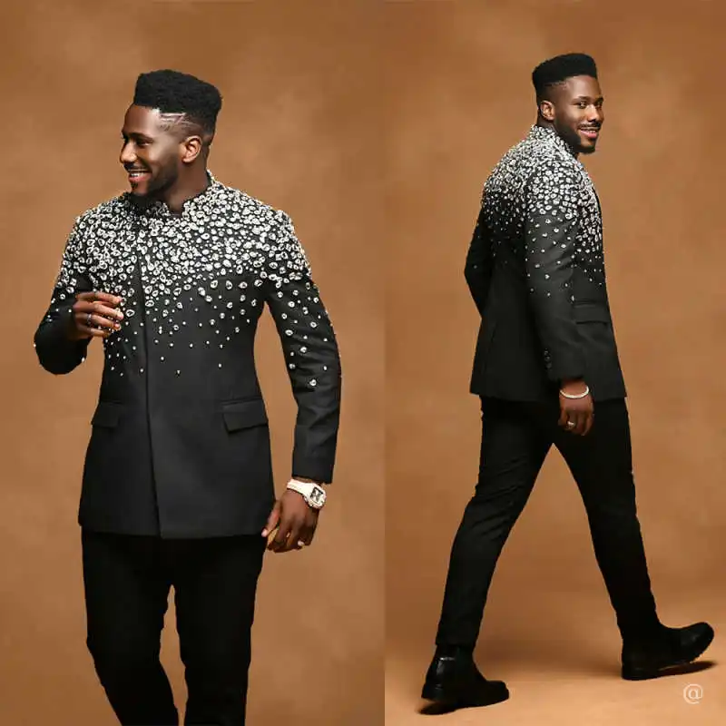 

Unique Crystals Men Suits 2 Pieces Long Sleeve Male Prom Blazers Loose Fit Business Occasion Party Customized Costume Homme