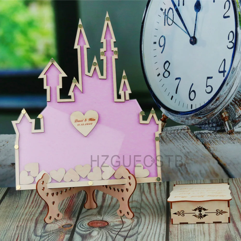 Personalized  Castle Guest Book Wedding Drop Box Acrylic 3D With Signature Hearts Guestbook Alternative Decorat