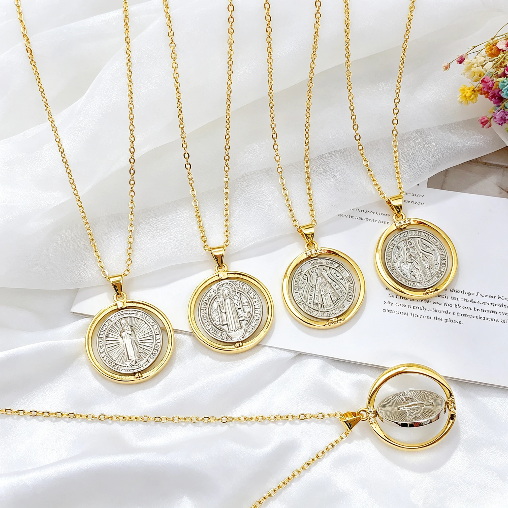 Gold Silver Plated Virgin Mary Saint Benedict Double-sided Rotatable Pendant Necklace for Men Women Christian Faith Jewelry Gift